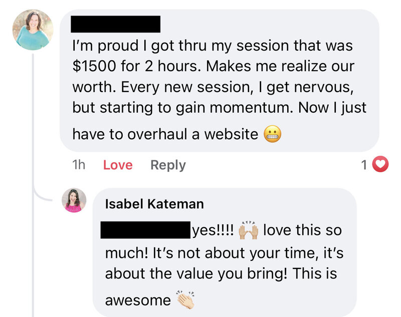 Positive testimonial from a Mind-Reading Website Program student on successfully raising their prices