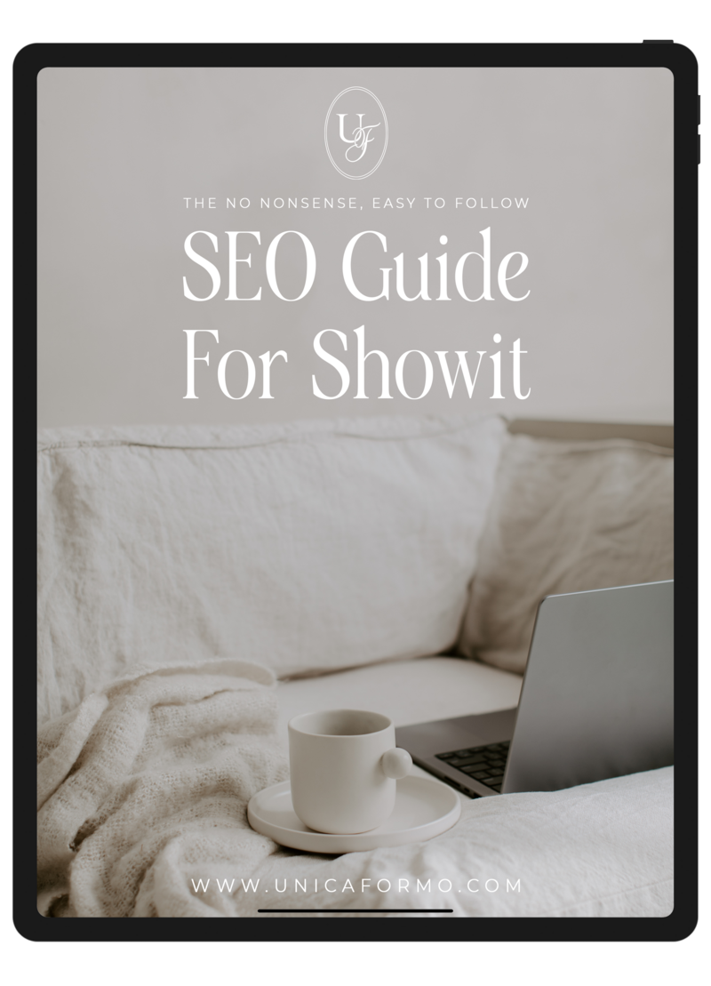 iPad displaying the Showit SEO Checklist guide, designed to help users easily add SEO to their Showit website.