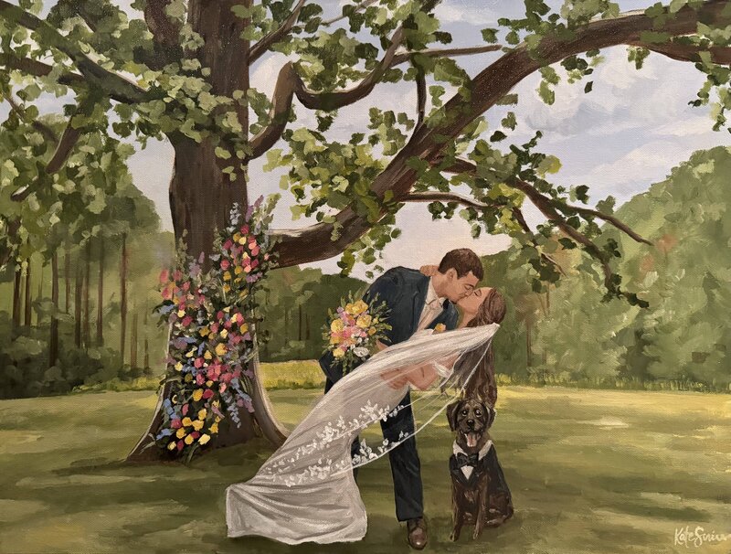 painting of bride and groom kissing