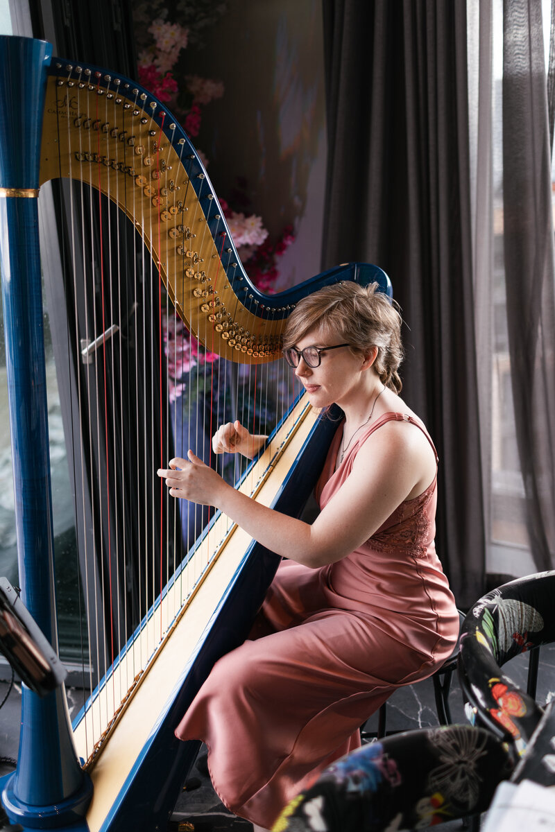 female harpist in a blush pink dress plays her blue and gold harp  for wedding guests