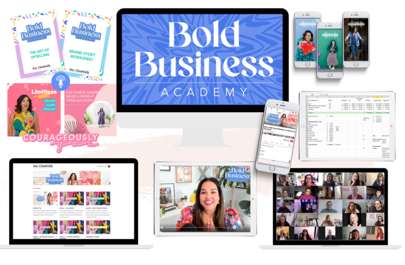 Flat lay of Brand builders academy with pdfs online course, zoom call and google sheets