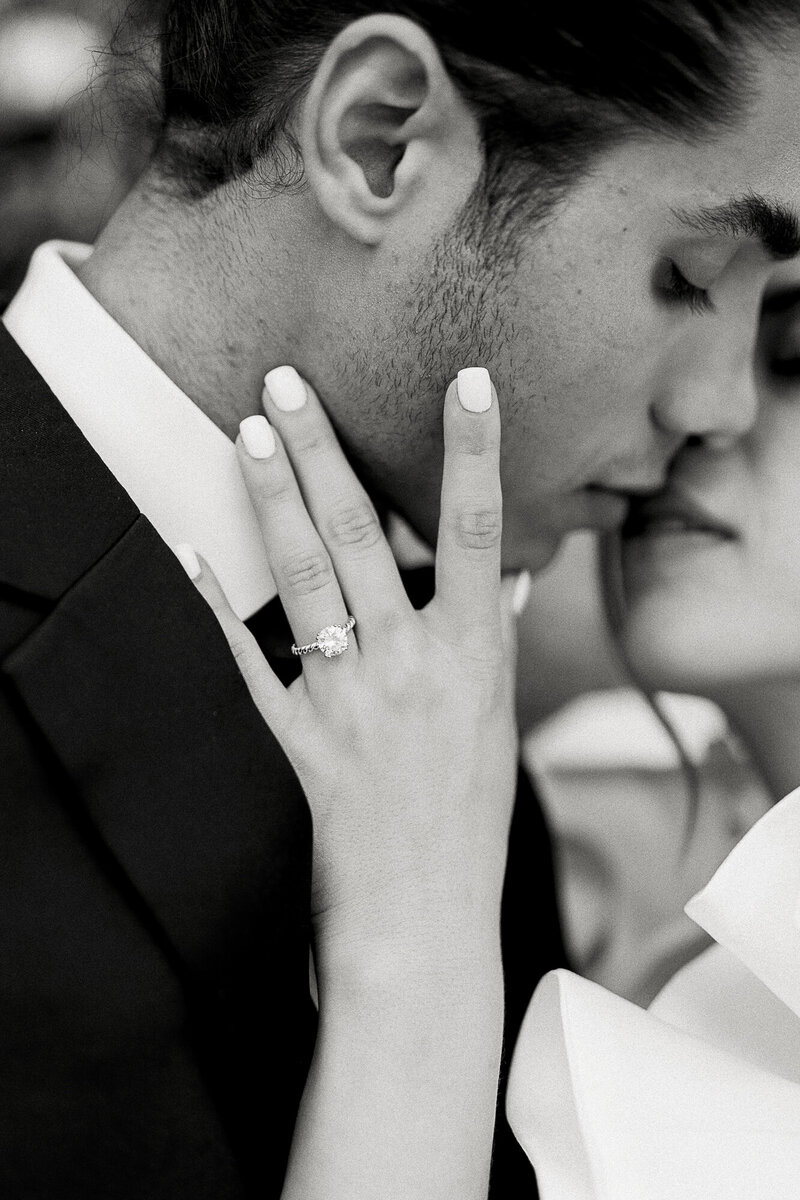 black and white photo of bride and groom at chateau de champlatreux 