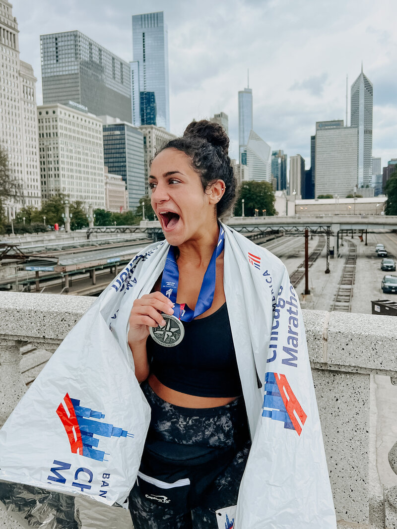 Teresa Williams after finishing the Chicago Marathon