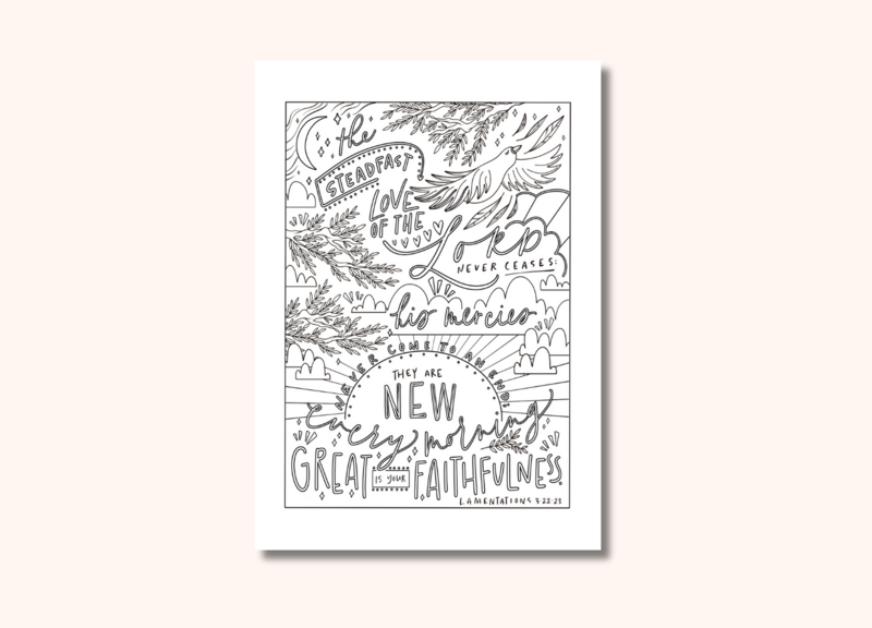 A black and white colouring page which includes a bible memory verse from Lamentations