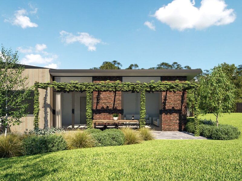 Building design render red brick home with timber panelling