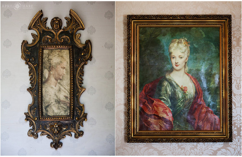 Historic art portraits hang on walls at The Manor House wedding venue in Colorado
