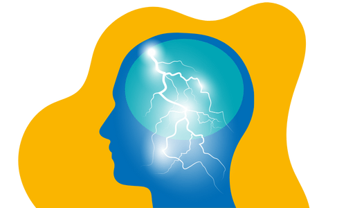 Graphic with a yellow background and male head silhouette in blue with a teal circle signifying the brain. While lightning  is used as a visual aide for neural synapses and energy within the brain.