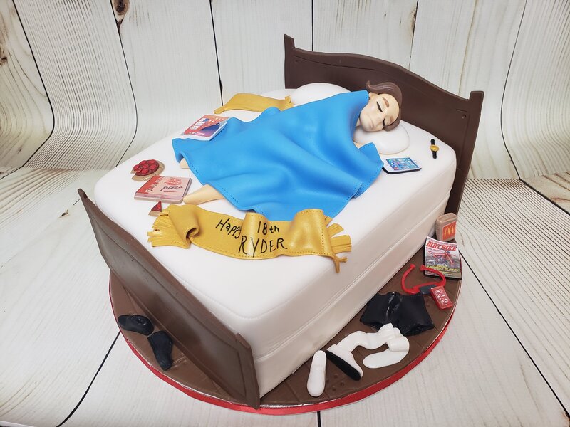 messy bed cake for young man