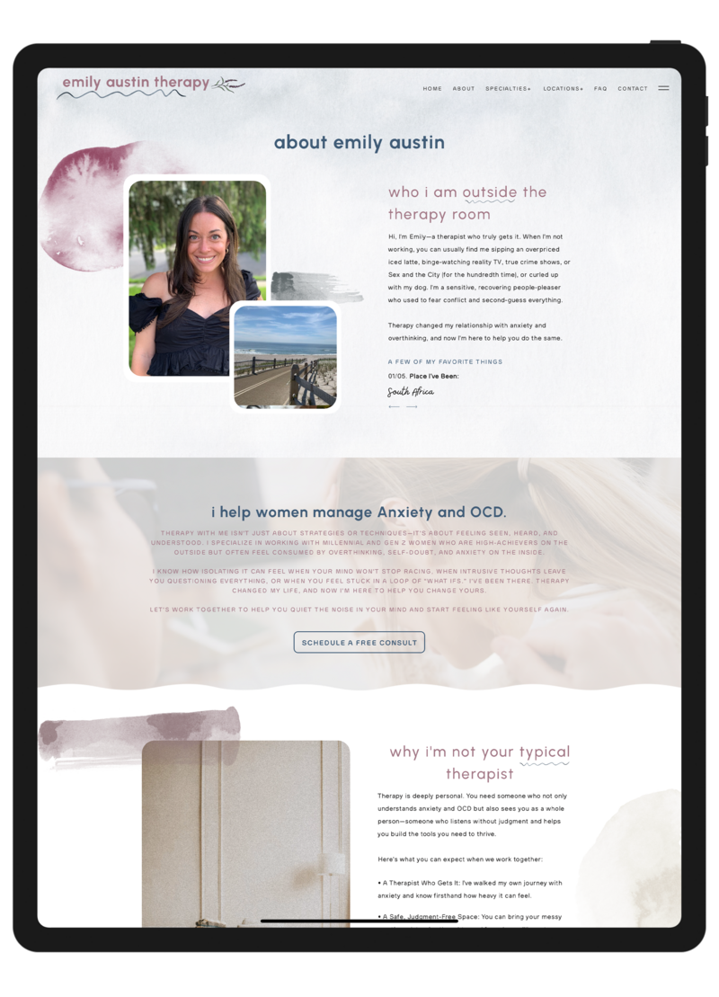 Screenshot of the About Me page on Emily Austin Therapy’s website, featuring a photo of Emily Austin along with a personalized introduction and therapeutic approach.