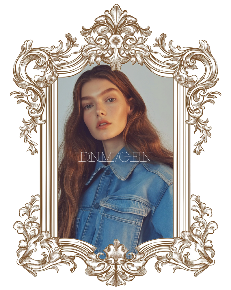 ornate gold frame around woman with dnm gen logo