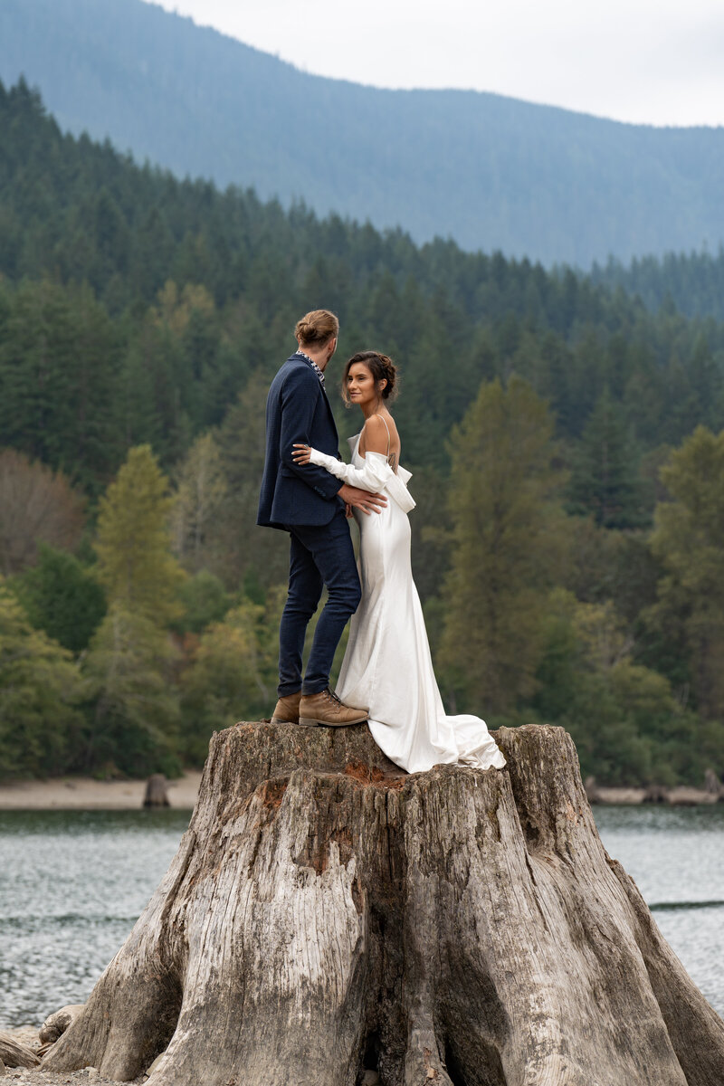 A couple standing on a tree stump