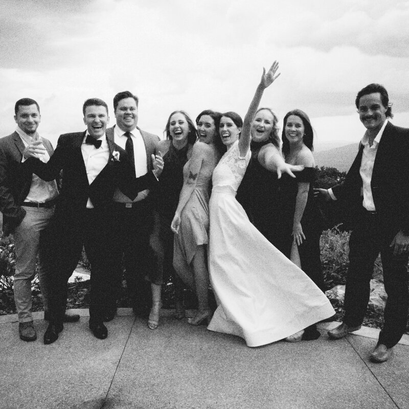 Happy wedding party celebrating on Lookout Mountain 