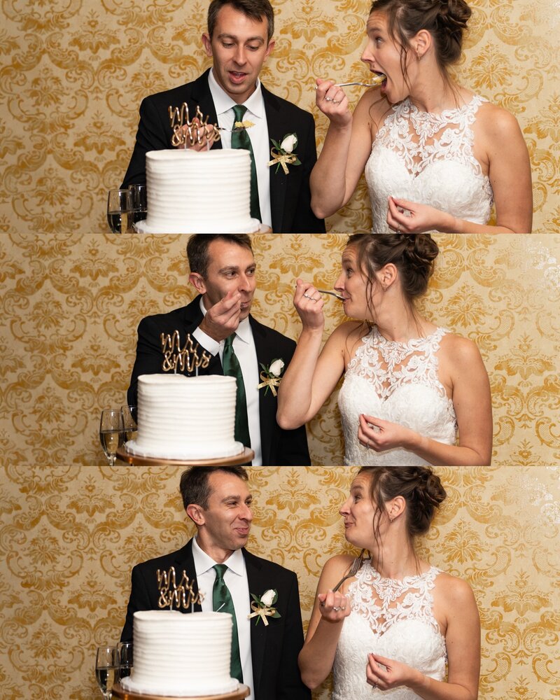 Photo strip of a bride and groom feeding each other wedding cake at Coxhall Gardens in Carmel, Indiana
