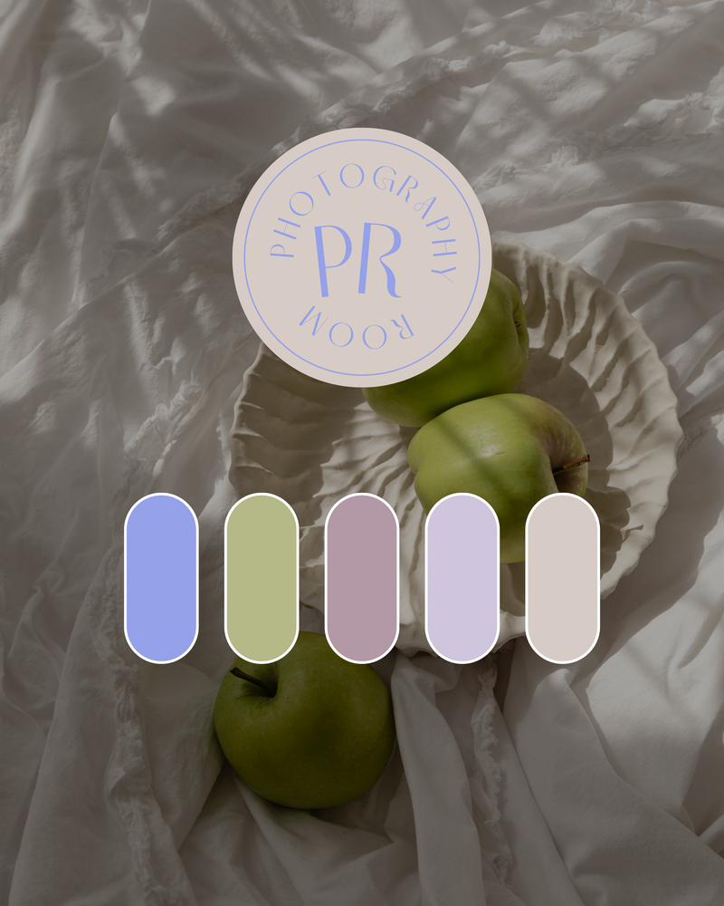 green apples on a plate, with brand logo and color palette on top 