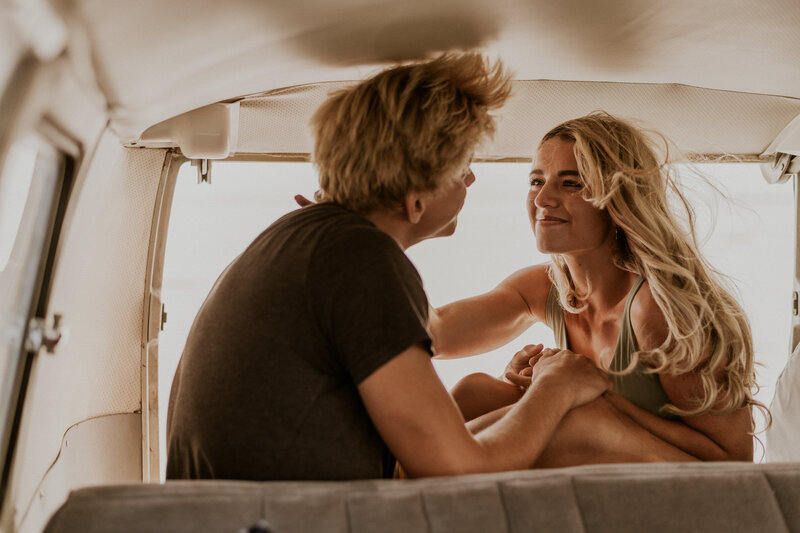 Utah Bonneville Salt Flats Adventure Couple with Vintage VW Van+ National Park Elopement Photographer