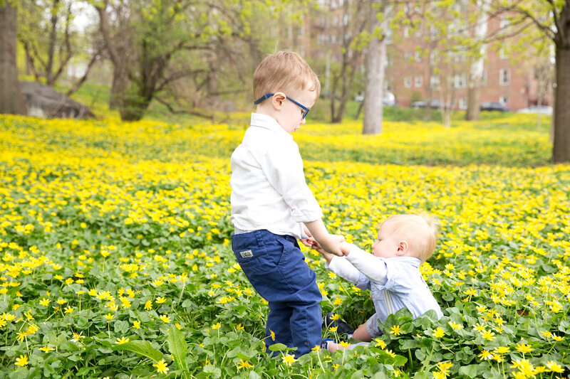 Big brother helps little brother stand up in field of yellow flowers at family photoshoot