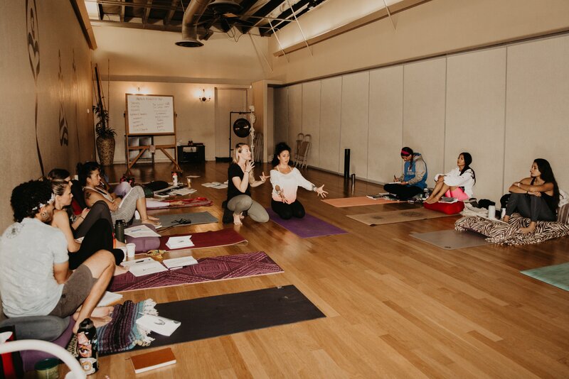 group of people in a yoga studio