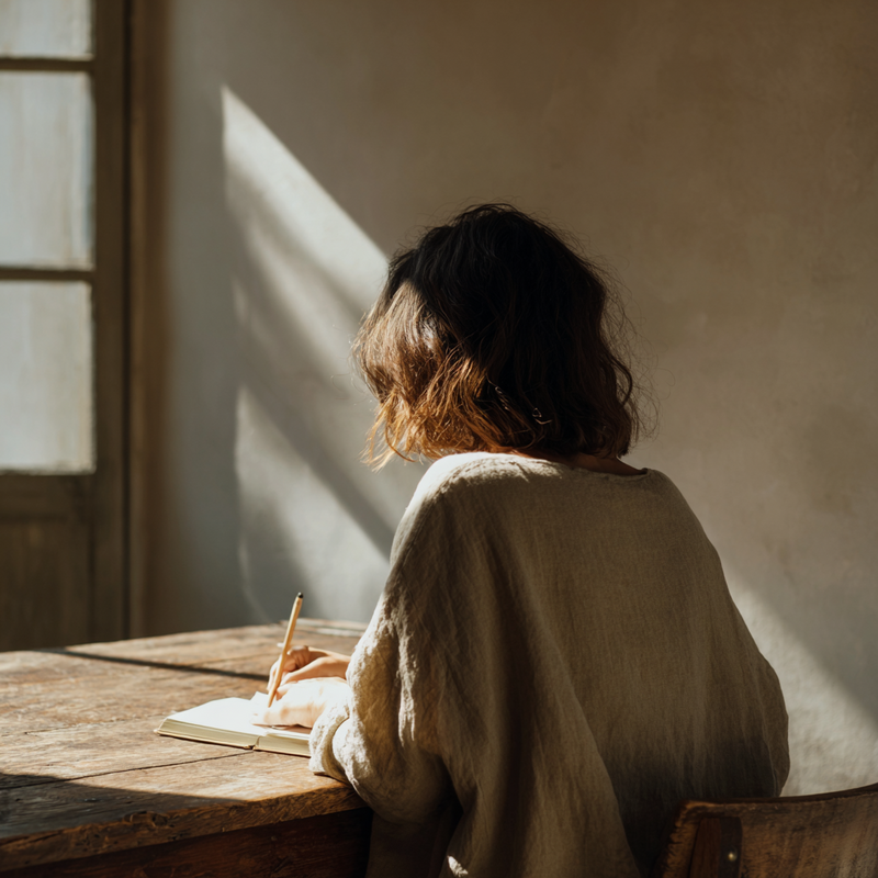 girl sits at sunny desk and writes in journal