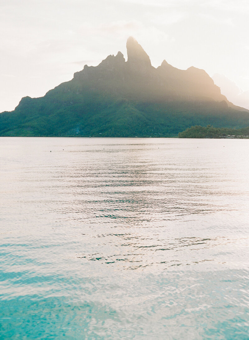 Mount otemanu and blue water at sunset in Bora Bora landscape view