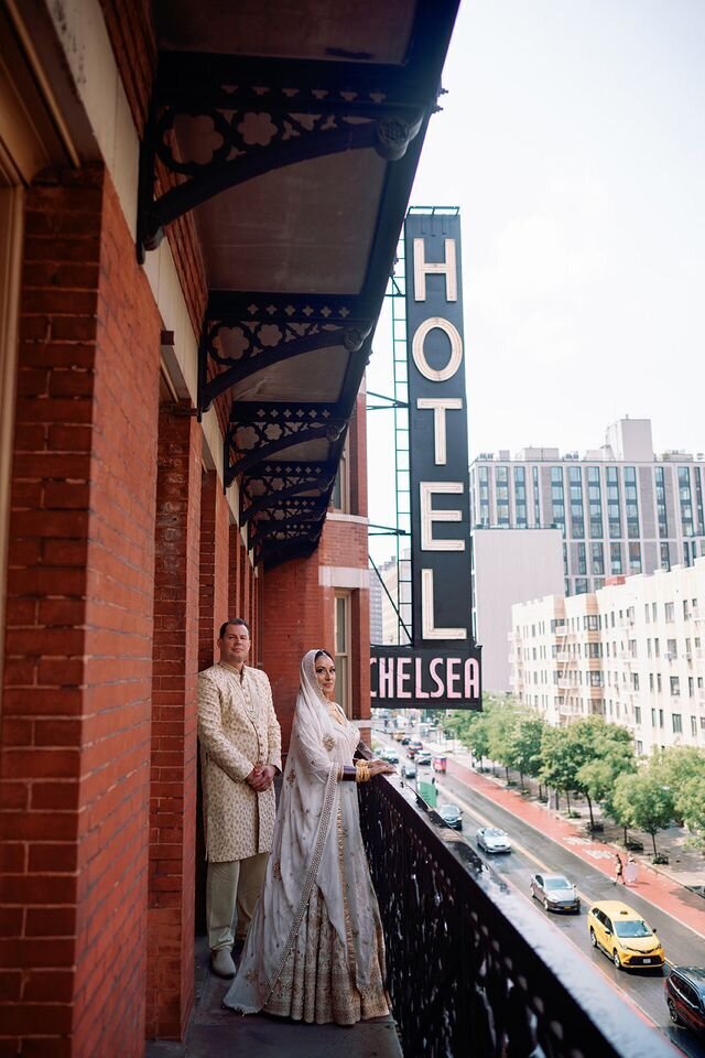 Wedding couple outside the Hotel Chelsea in NYC