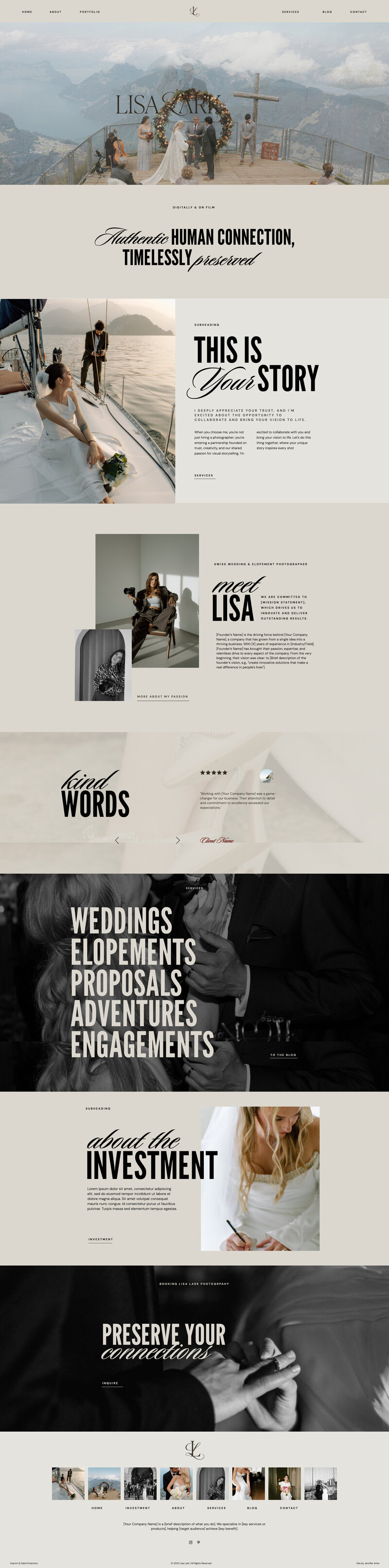 Screenshot einer modernen Website für Hochzeitsfotografen mit einem eleganten und zeitlosen Design. Im oberen Bereich der Website befindet sich ein großes schwarz-weiß Foto eines Hochzeitspaares, begleitet von der markanten Überschrift 'Modern. Raw. Unforgettable.' Weitere Abschnitte zeigen Hochzeitsfotos, ein Portfolio mit Berg- und Naturkulissen sowie Informationen über die Dienstleistungen des Fotografen. Die Website kombiniert minimalistische Typografie mit warmen Beige- und Brauntönen, um eine elegante und emotionale Atmosphäre zu schaffen.
