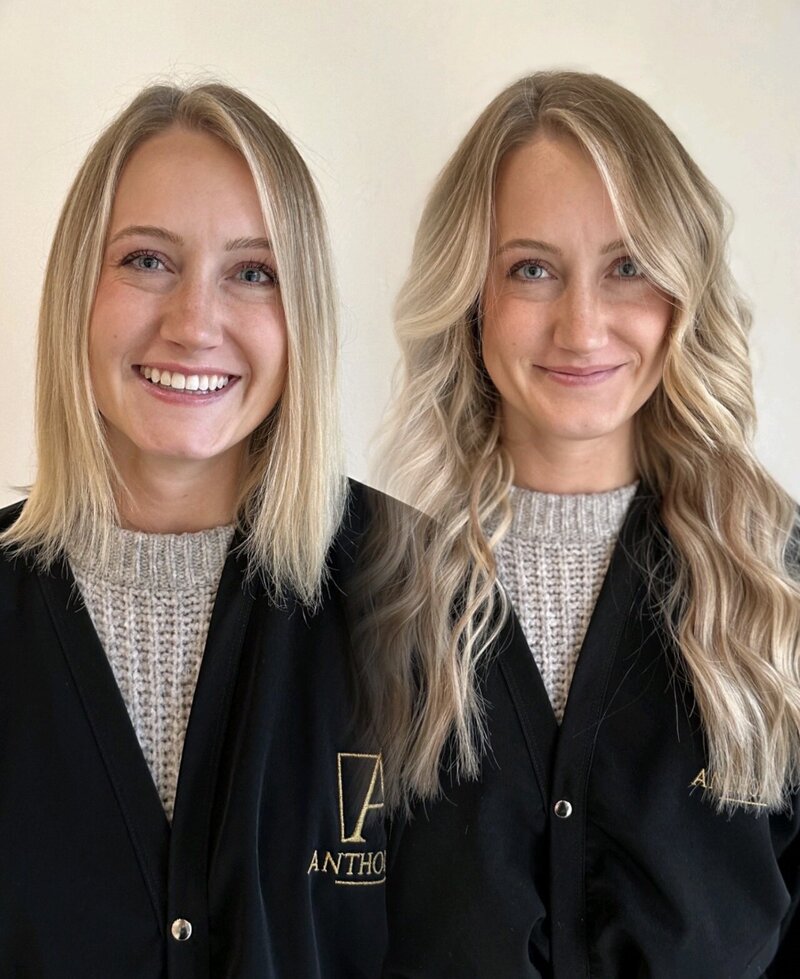 Before and after transformation with length and volume hair extensions at Anthology Salon near Appleton