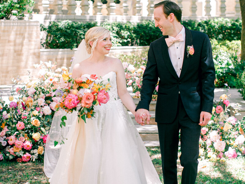 colorful wedding with bride and groom