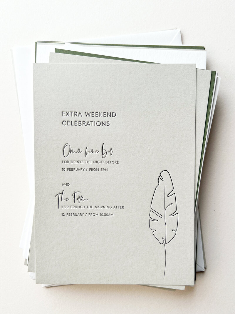 Luxury letterpress wedding invitation with leaf outline - Sienna
