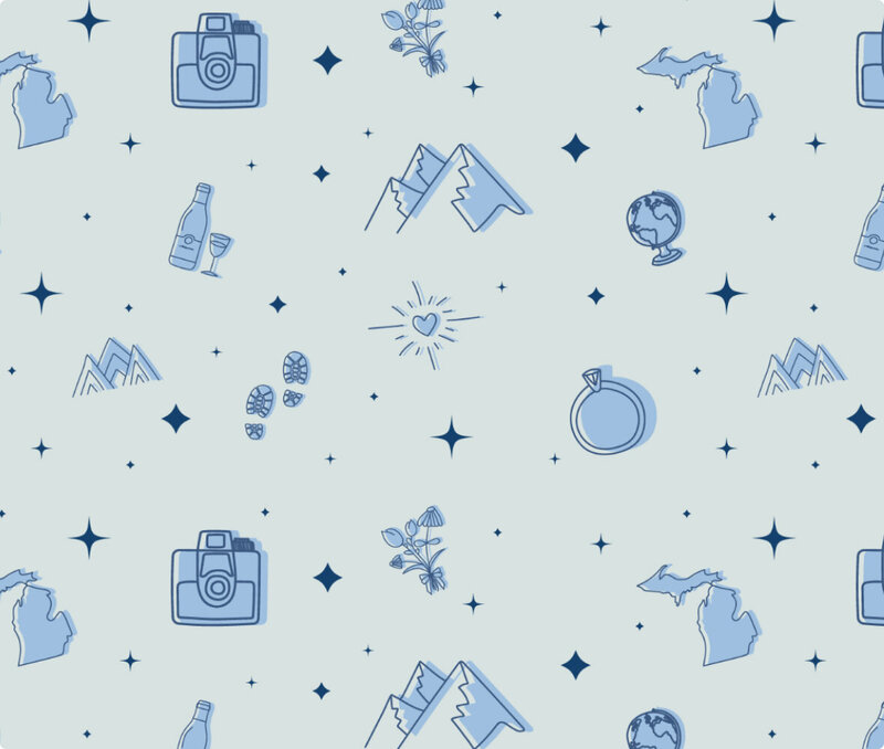 Pattern of blue tone illustrations that shows a camera, mountain, globe, flowers, State of Michigan, and stars.