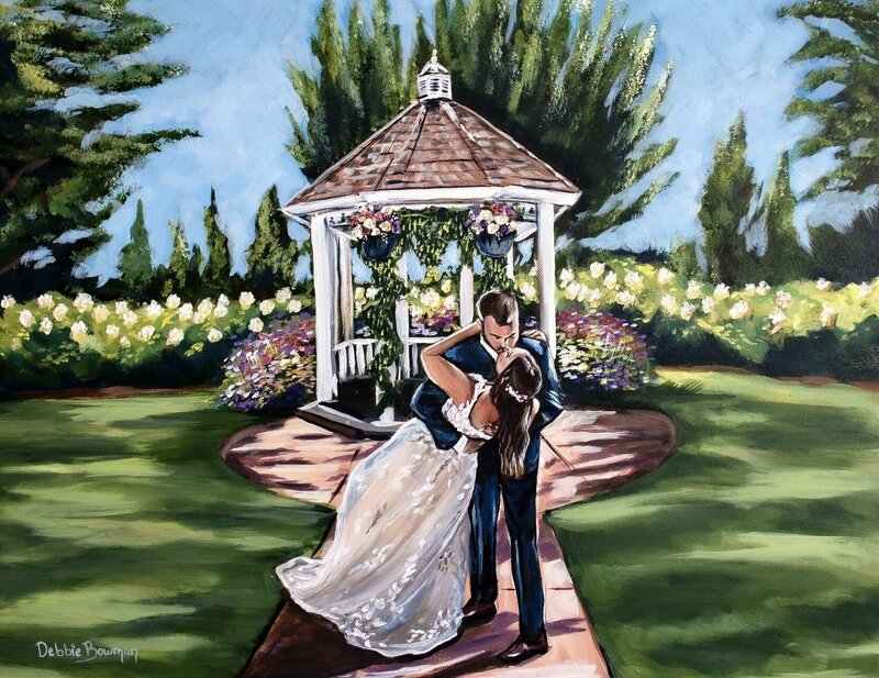A wedding painting of a couple walking back down the aisle of their garden wedding