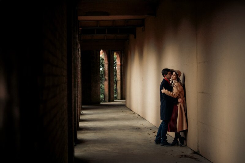 Outdoor engagement session in pergola and hill garden