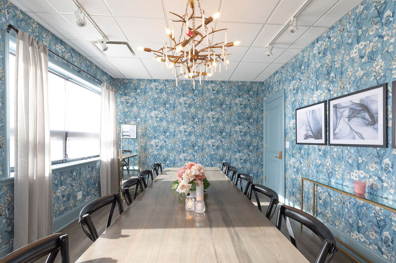 bridal getting ready suite and conference room, unique "something blue" themed wallpaper and color story