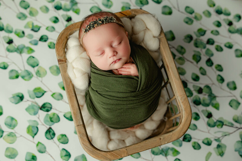 harrisburg newborn baby girl swaddled in greenery