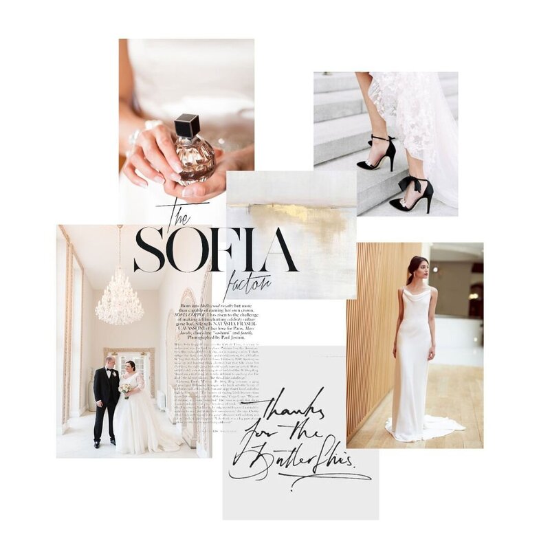 Mood board collage with bride for wedding photographer brand design