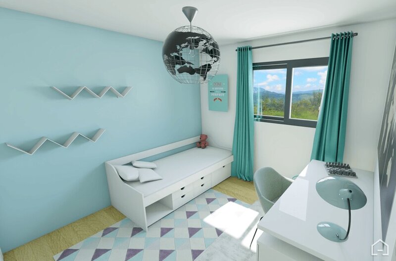 Simulation 3D d'une chambre d'enfant décorée dans les couleurs tirant vers le bleu.