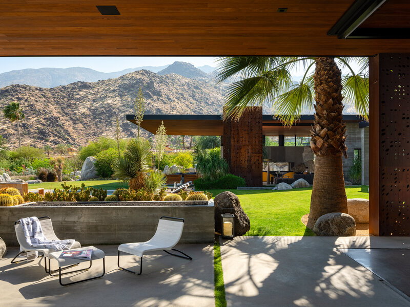 Residential design of a home in Palm Springs showing living area with mountain background