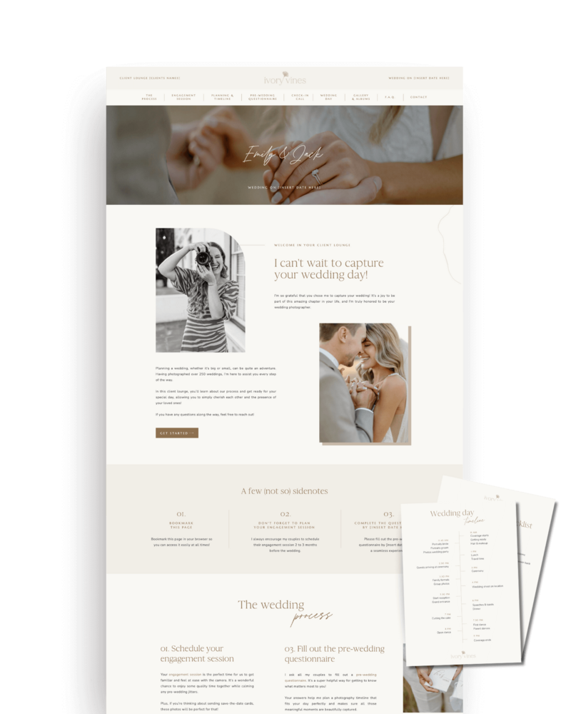 Showit Wedding Client Lounge template for wedding photographers