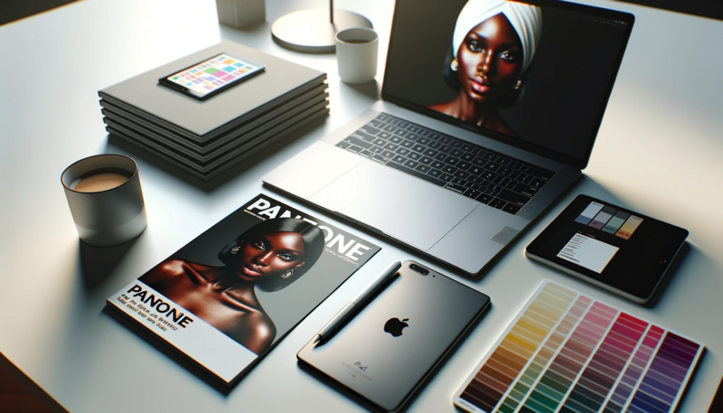DALL·E 2023-12-17 14.53.50 - A closer bird's eye view of a professional business desk, suitable for a website hero image. The desk features a laptop with a white screen, an iPad, 