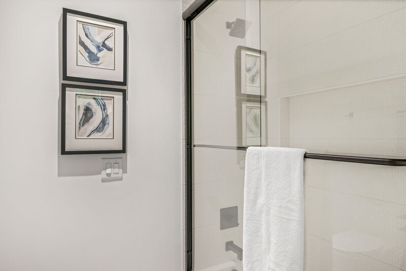 black shower door in modern bathroom