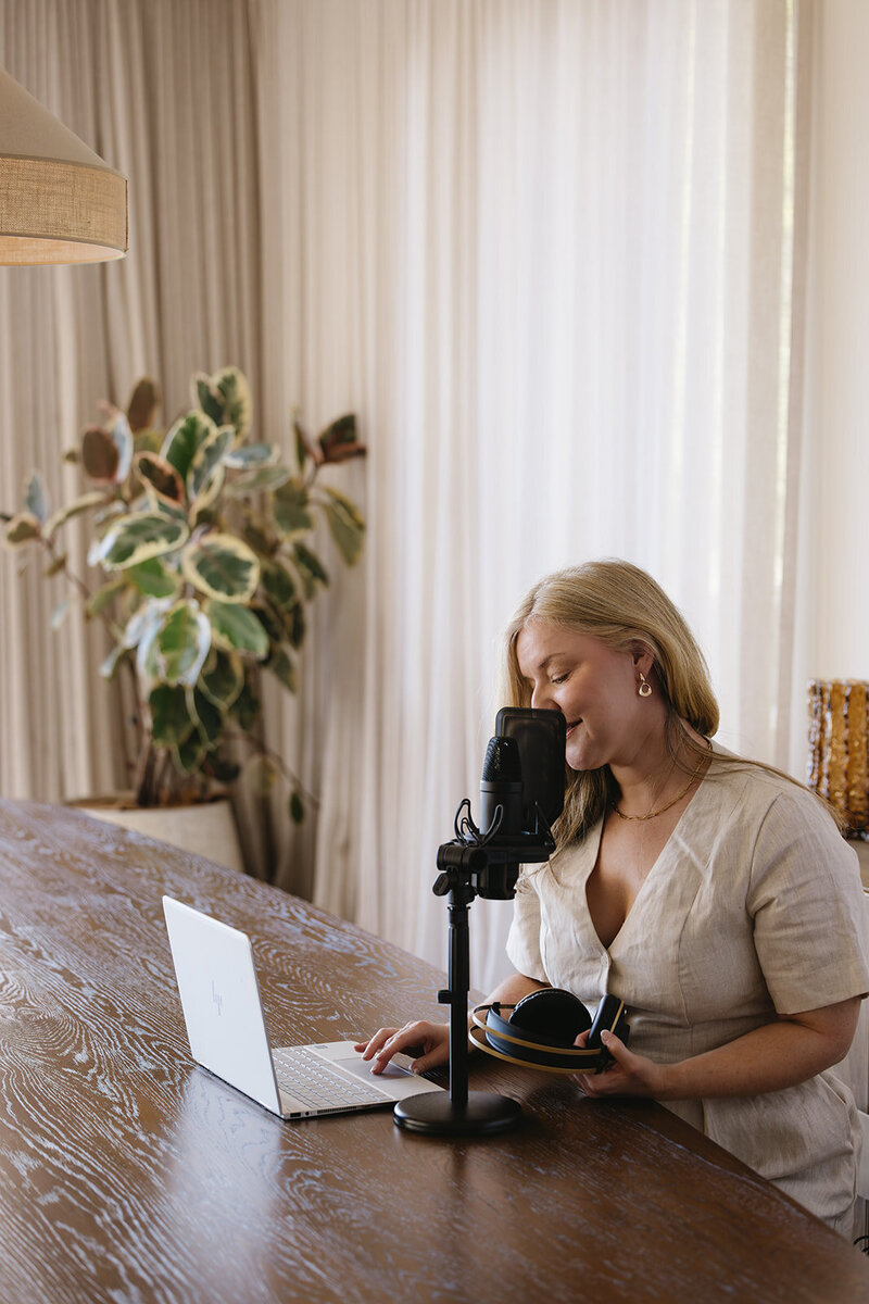 Elaine McDonnell recording in her home studio in Melbourne, Australia — an Irish-Australian voiceover actor known for calm, expressive delivery for narration, wellness brands, elearning, and aligned creative projects