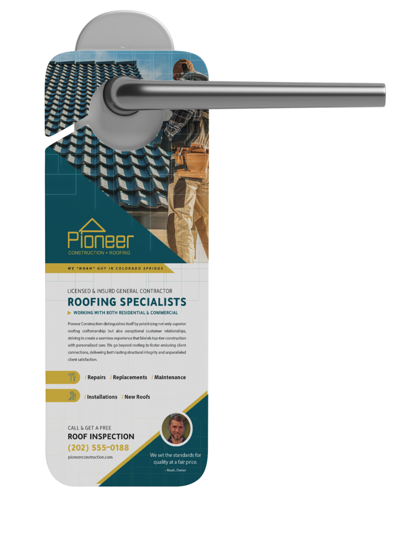 Door hanger advertisement of Pioneer Construction services.