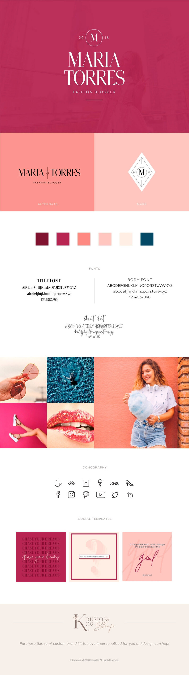 Blog logo design and brand kit with moodboard, social media templates, icons, color palette, font suggestions and inspirational images