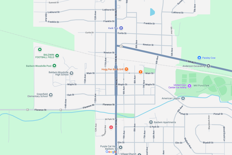 Google map showing the location of AMK Cleaning Services in Baldwin, WI
