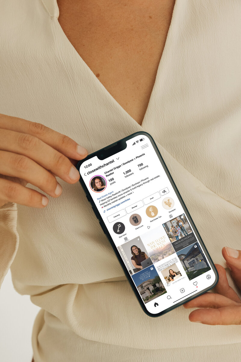 Instagram and social media design strategy for Phoenix real estate agent Chantel Griggs, created by Her Higher Standard Design Studio to attract luxury clientele.