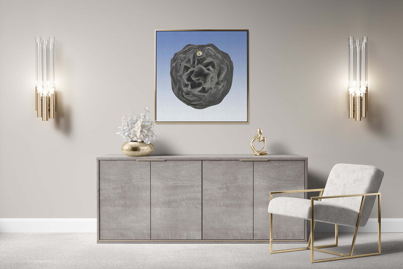 Fine Art Canvas with a gold frame featuring Project Stardust micrometeorite NMM 928 for luxury interior design