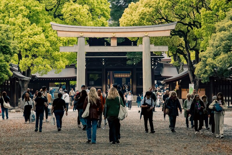 Group of travelers walking toward a traditional Japanese shrine surrounded by lush trees in Tokyo, capturing the essence of cultural immersion and local experiences with Japan Blend.