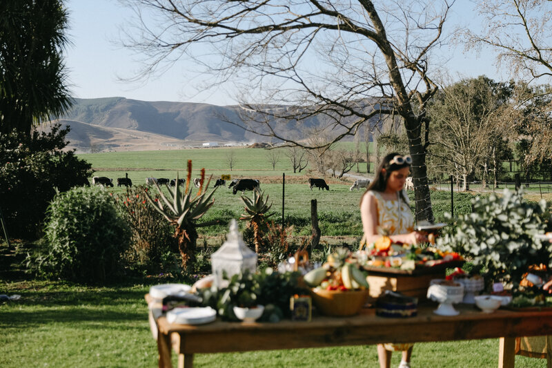 A wedding reception set in a garden with hills at the background - the table scape is filled with food and the guests are dishing up a feast