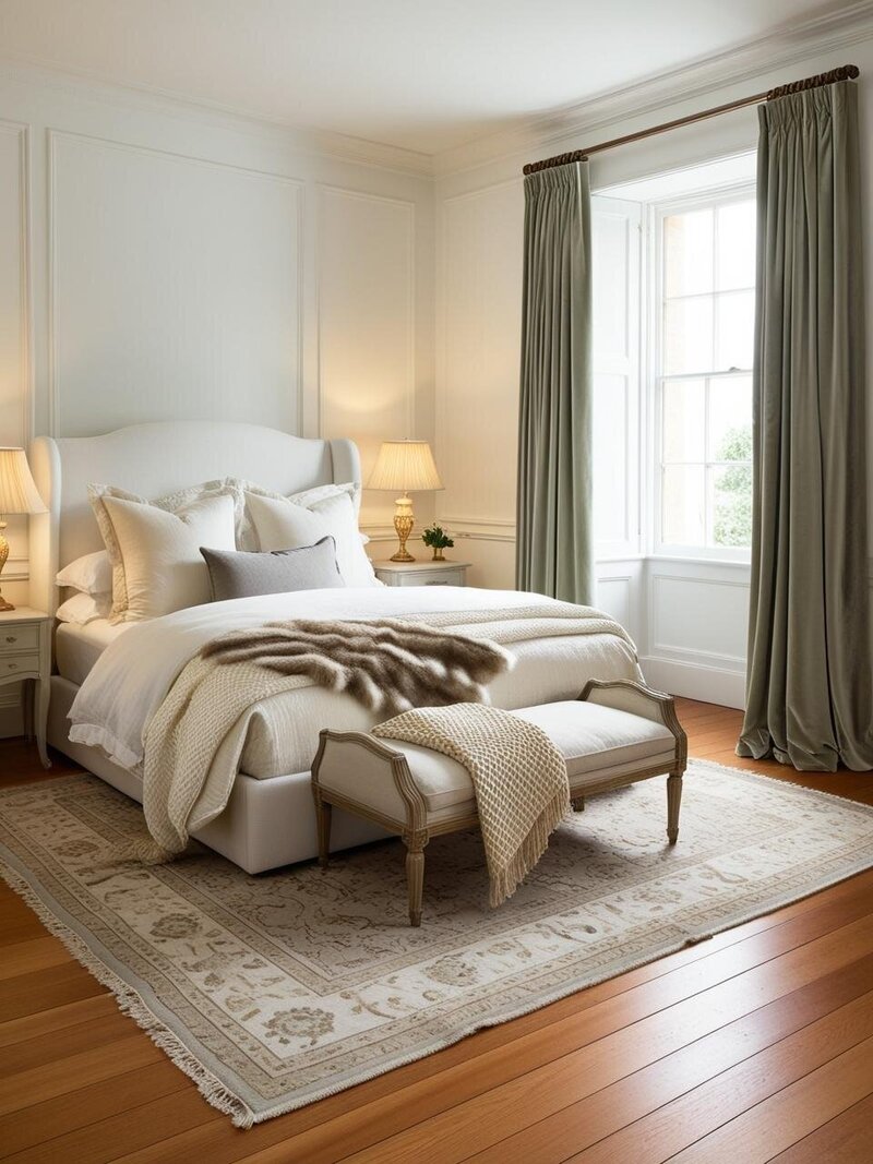 A serene traditional bedroom, where symmetry reigns. The upholstered bed, dressed in layers of luxurious bedding, anchors the space alongside matching bedside tables and lamps. Tall windows, framed by sumptuous sage velvet curtains, invite soft light into the room.