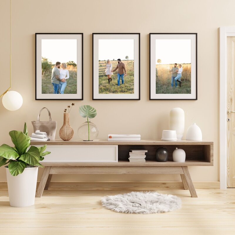 Orlando photographer captured newly engaged couples and this is displayed in a living area on canvases in this wall mockup