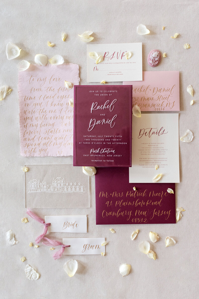 Romantic styled wedding invitation suite at Park Chateau.